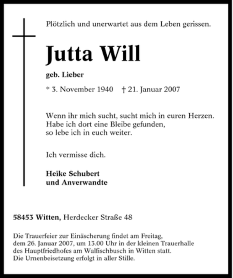 Traueranzeigen Von Jutta Will Trauer In Nrw De