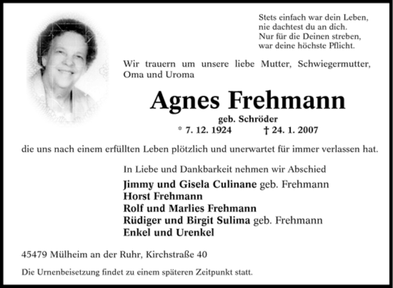 Traueranzeigen Von Agnes Frehmann Trauer In NRW De