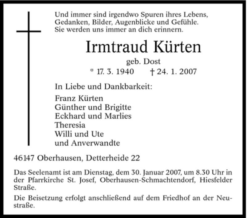 Traueranzeigen Von Irmtraud K Rten Trauer In Nrw De