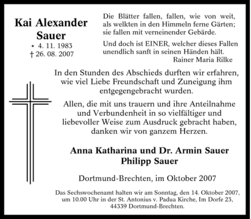 Traueranzeigen Von Kai Alexander Sauer Trauer In NRW De