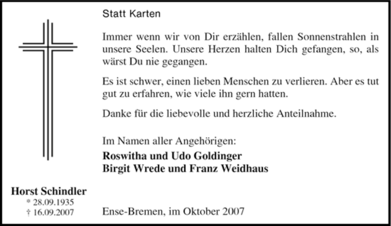 Traueranzeigen Von Horst Schindler Trauer In Nrw De