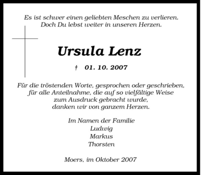 Traueranzeigen Von Ursula Lenz Trauer In Nrw De