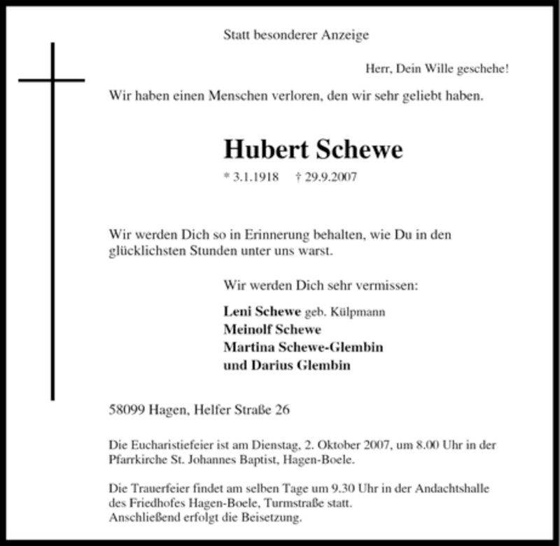 Traueranzeigen Von Hubert Schewe Trauer In Nrw De