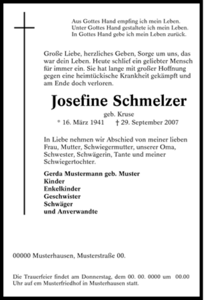 Traueranzeigen Von Josefine Schmelzer Trauer In Nrw De