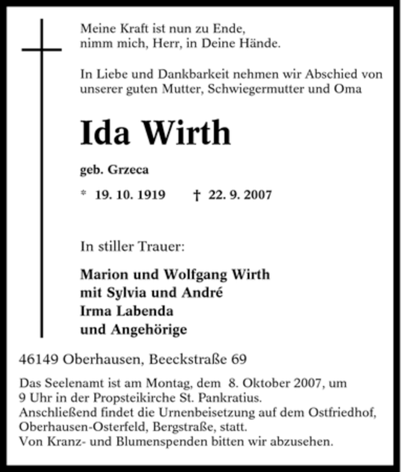 Traueranzeigen Von Ida Wirth Trauer In NRW De