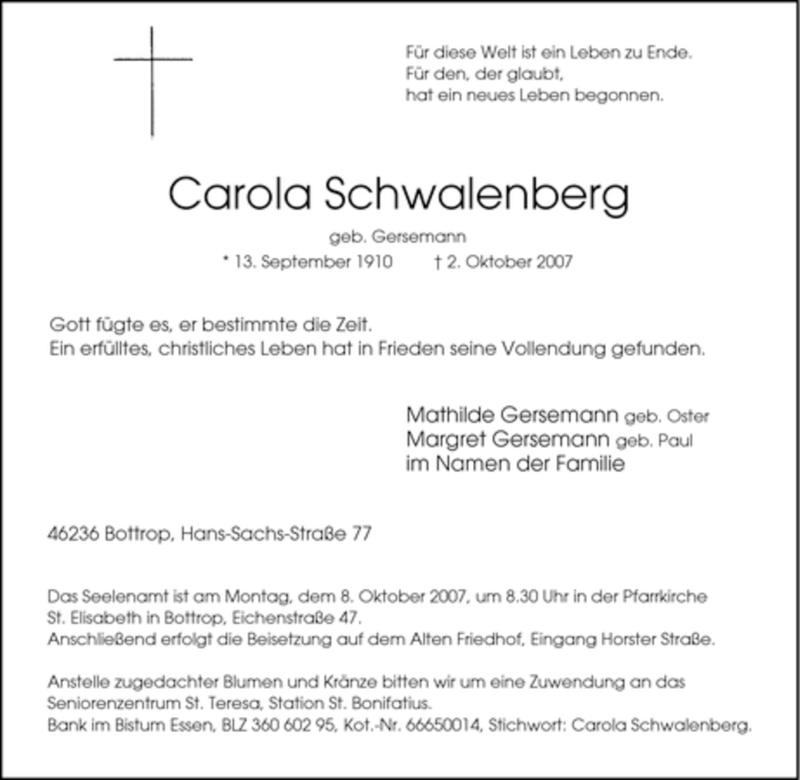 Traueranzeigen Von Carola Schwalenberg Trauer In NRW De