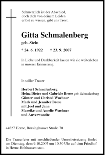 Traueranzeigen Von Gitta Schmalenberg Trauer In NRW De