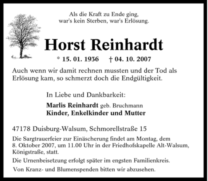 Traueranzeigen Von Horst Reinhardt Trauer In NRW De