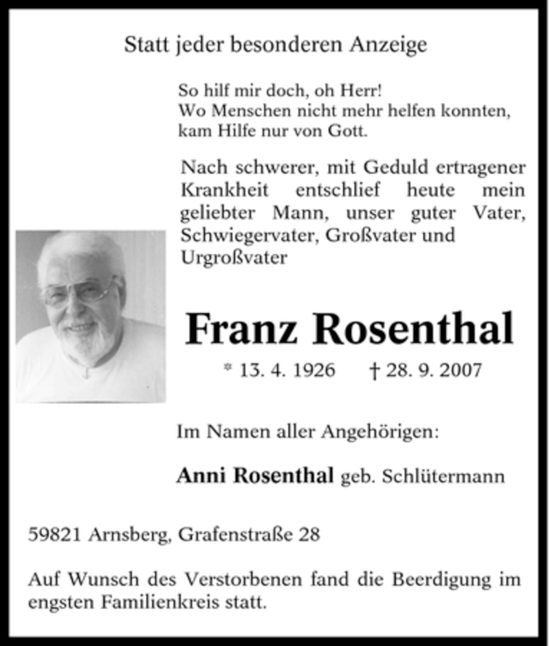 Traueranzeigen Von Franz Rosenthal Trauer In NRW De