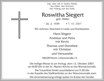 Traueranzeigen Von Roswitha Siegert Trauer In NRW De