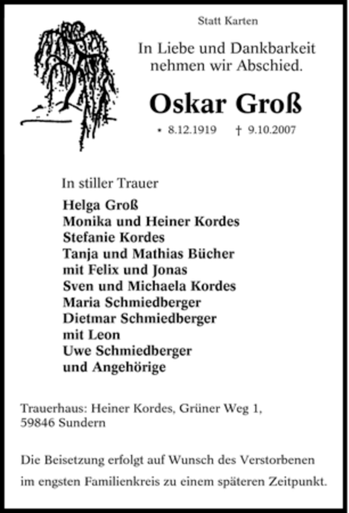 Traueranzeigen Von Oskar Gro Trauer In Nrw De