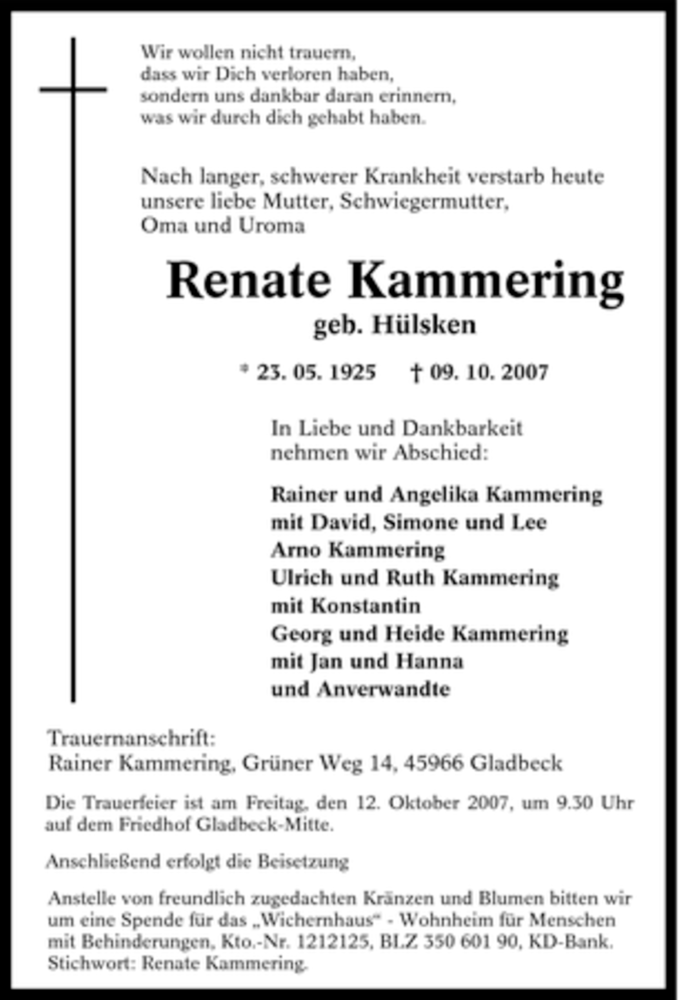 Traueranzeigen Von Renate Kammering Trauer In Nrw De