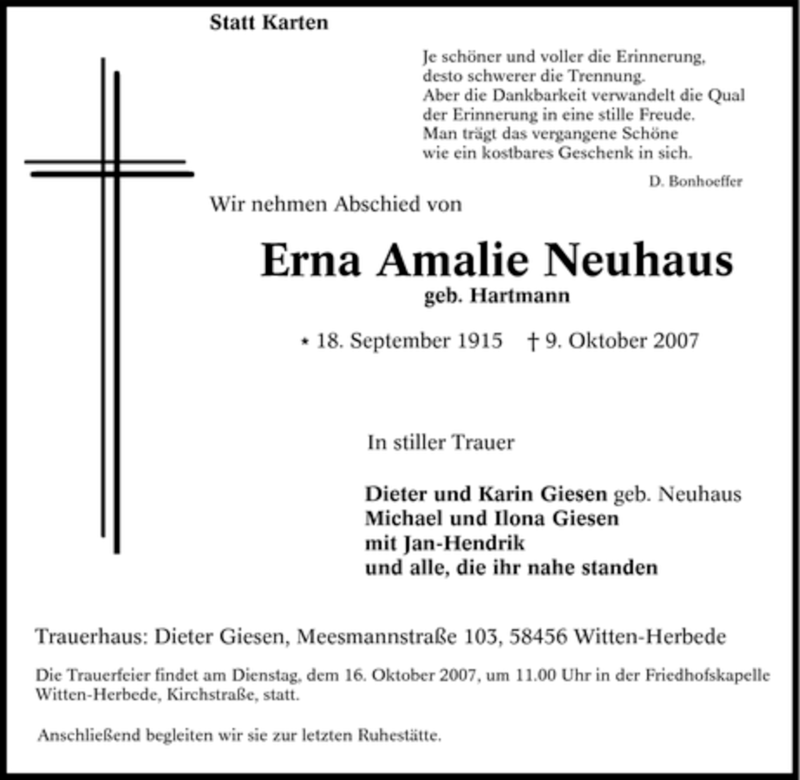 Traueranzeigen Von Erna Amalie Neuhaus Trauer In NRW De