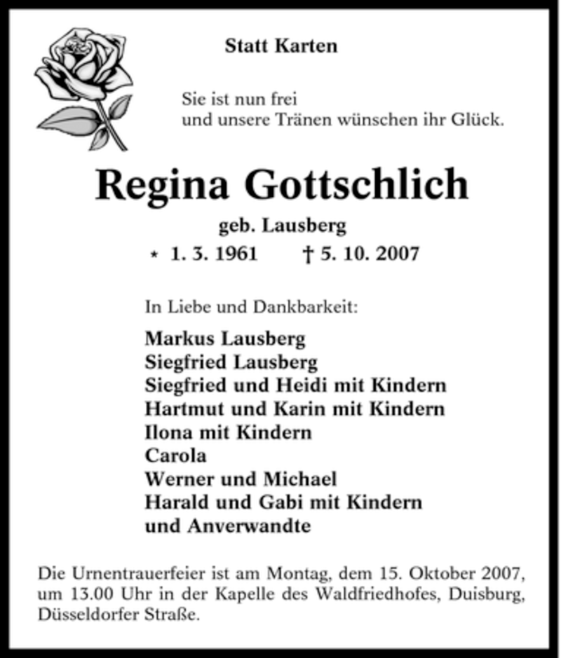 Traueranzeigen Von Regina Gottschlich Trauer In NRW De