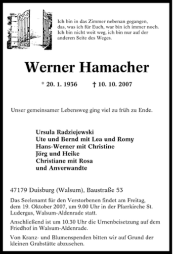 Traueranzeigen Von Werner Hamacher Trauer In Nrw De