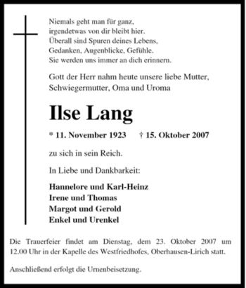 Traueranzeigen Von Ilse Lang Trauer In NRW De