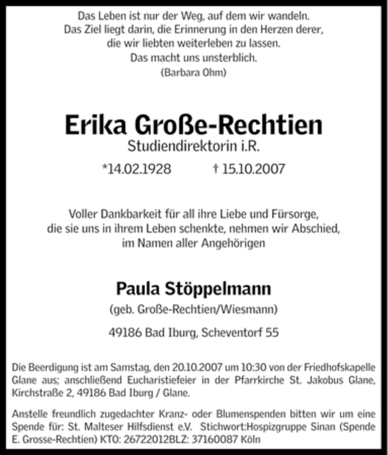 Traueranzeigen Von Erika Gro E Rechtien Trauer In Nrw De