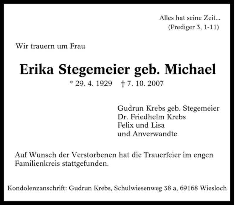 Traueranzeigen Von Erika Stegemeier Trauer In Nrw De