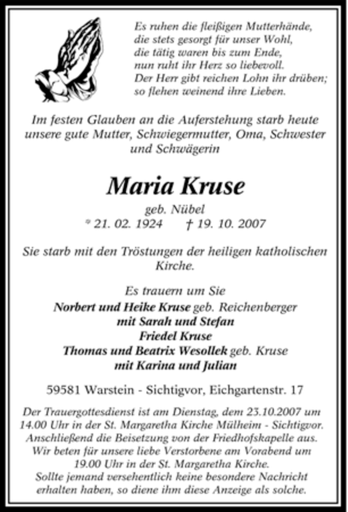 Traueranzeigen Von Maria Kruse Trauer In NRW De