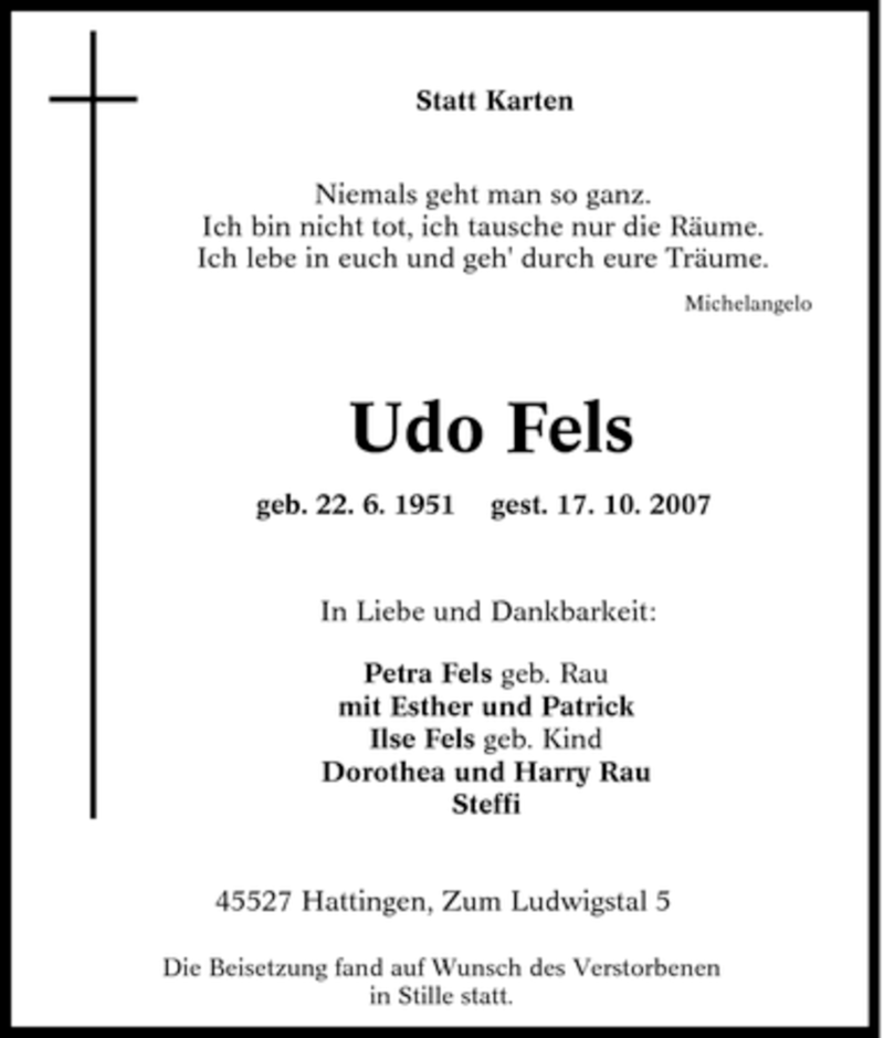 Traueranzeigen Von Udo Fels Trauer In Nrw De