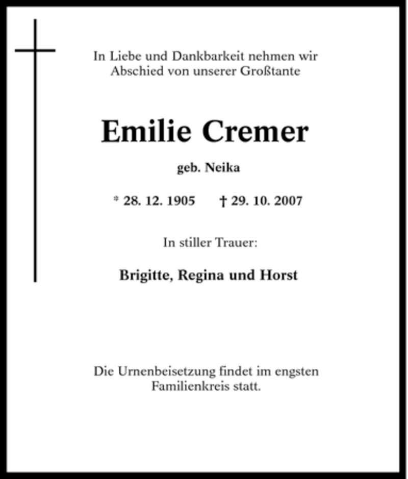 Traueranzeigen Von Emilie Cremer Trauer In NRW De