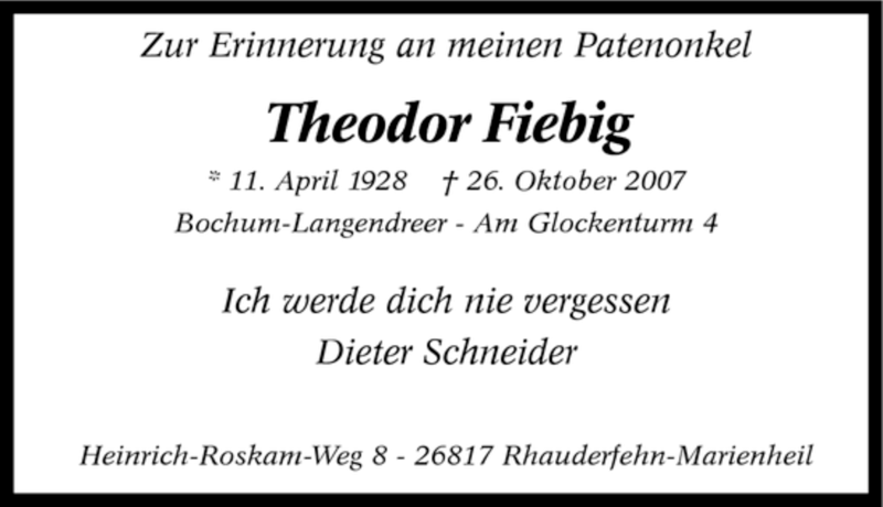 Traueranzeigen Von Theodor Fiebig Trauer In NRW De