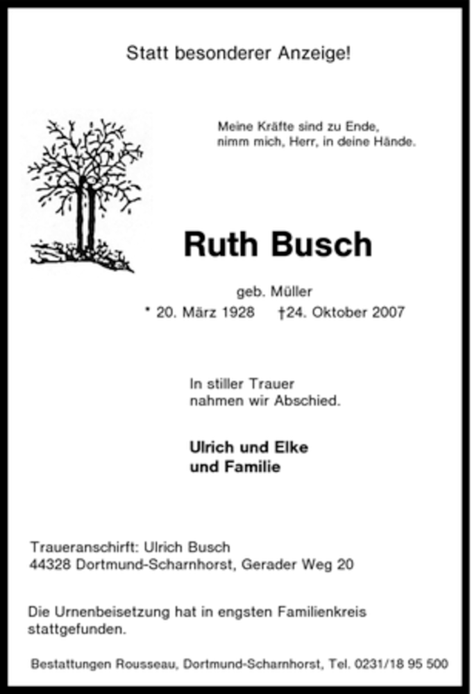 Traueranzeigen Von Ruth Busch Trauer In Nrw De