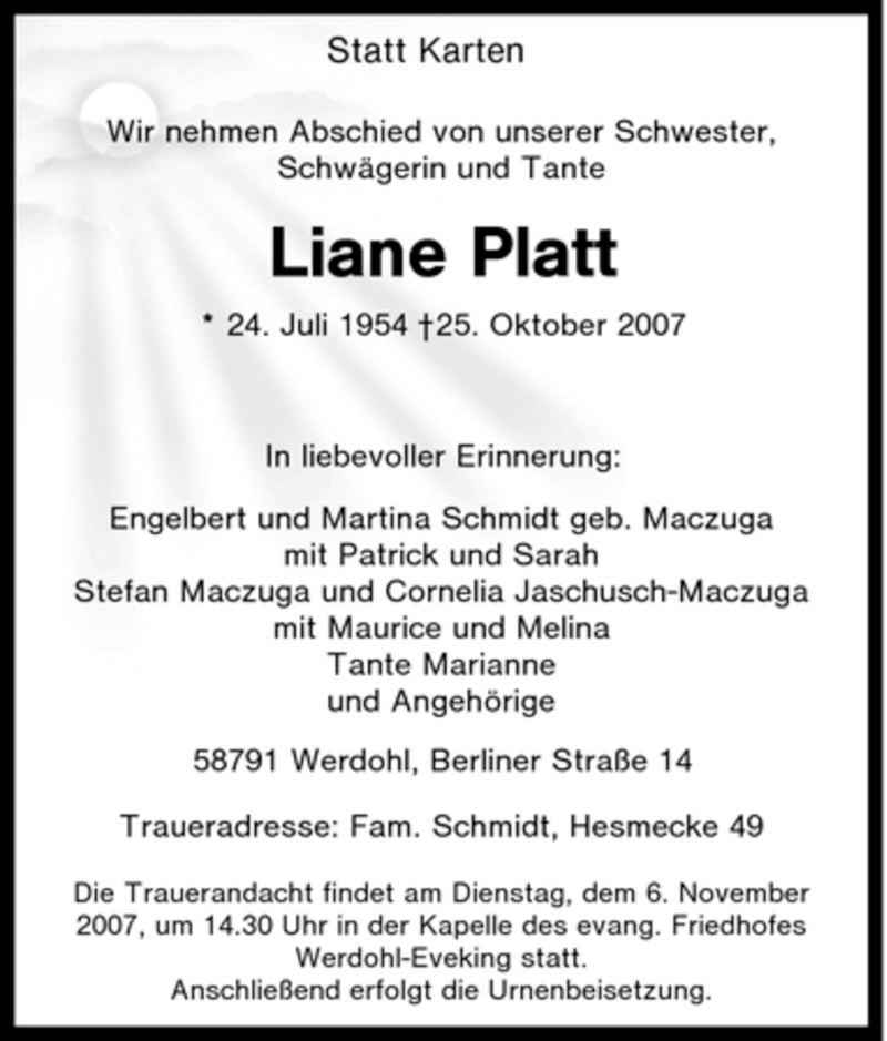 Traueranzeigen Von Liane Platt Trauer In NRW De