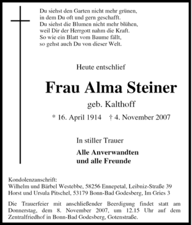 Traueranzeigen Von Alma Steiner Trauer In NRW De