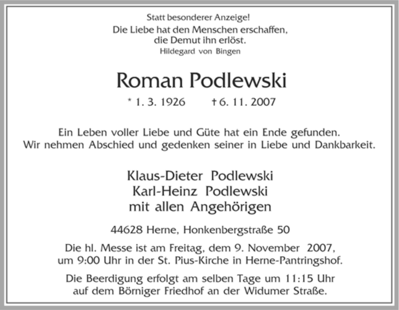 Traueranzeigen Von Roman Podlewski Trauer In Nrw De