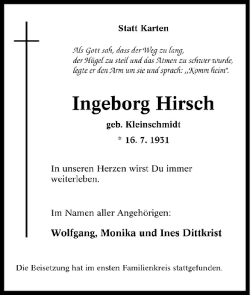 Traueranzeigen Von Ingeborg Hirsch Trauer In NRW De