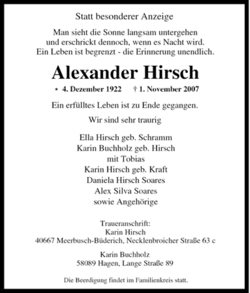 Traueranzeigen Von Alexander Hirsch Trauer In NRW De