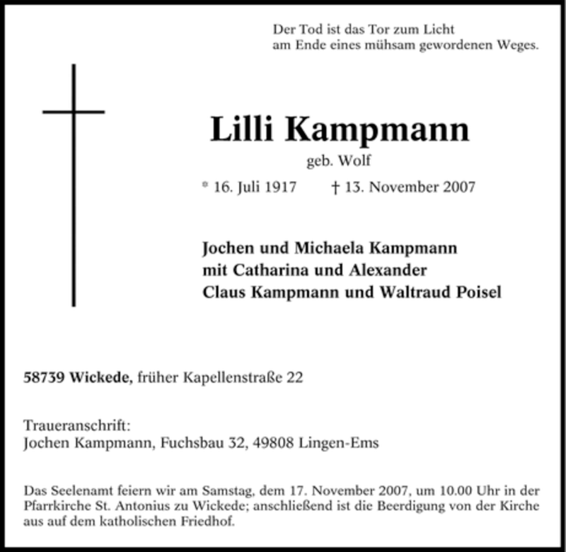 Traueranzeigen Von Lilli Kampmann Trauer In Nrw De