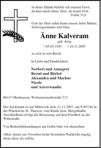 Traueranzeigen von Änne Kalveram Trauer in NRW de