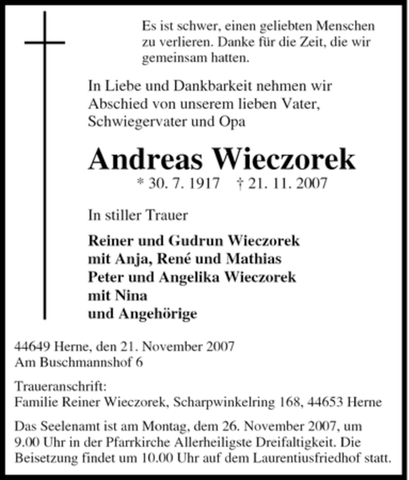 Traueranzeigen Von Andreas Wieczorek Trauer In Nrw De