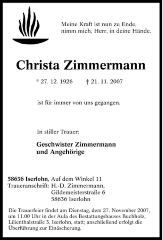 Traueranzeigen Von Christa Zimmermann Trauer In NRW De