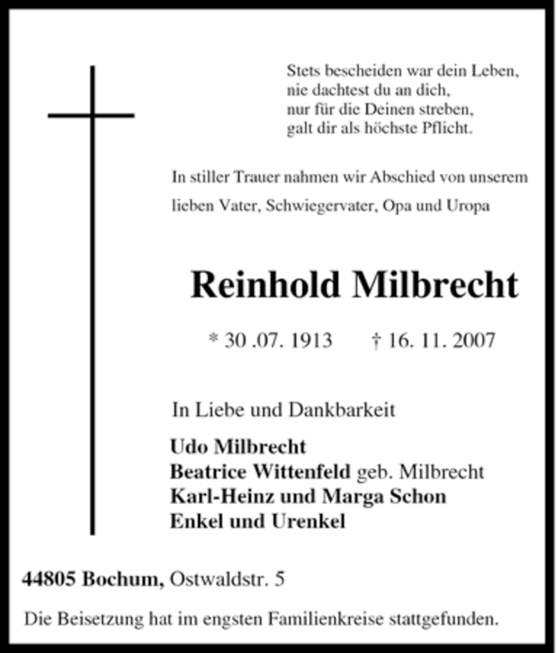 Traueranzeigen Von Reinhold Milbrecht Trauer In Nrw De