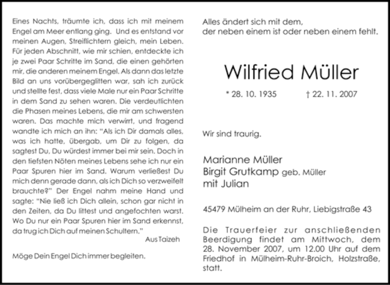 Traueranzeigen von Wilfried Müller Trauer in NRW de