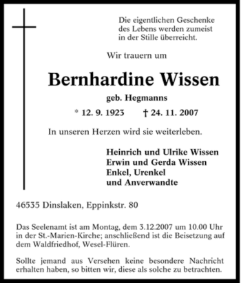 Traueranzeigen Von Bernhardine Wissen Trauer In Nrw De