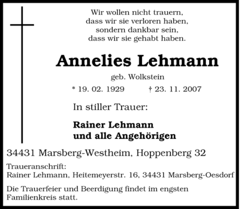 Traueranzeigen Von Annelies Lehmann Trauer In Nrw De