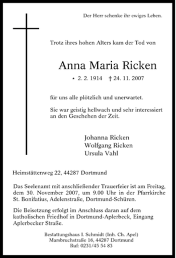 Traueranzeigen Von Anna Maria Ricken Trauer In NRW De