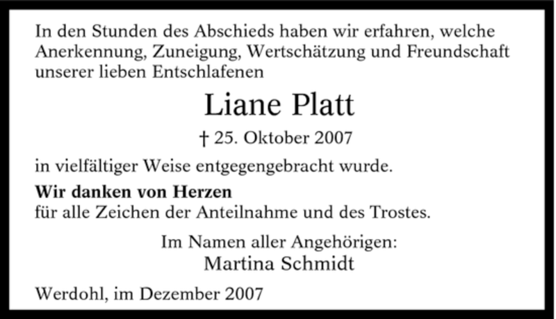 Traueranzeigen Von Liane Platt Trauer In NRW De