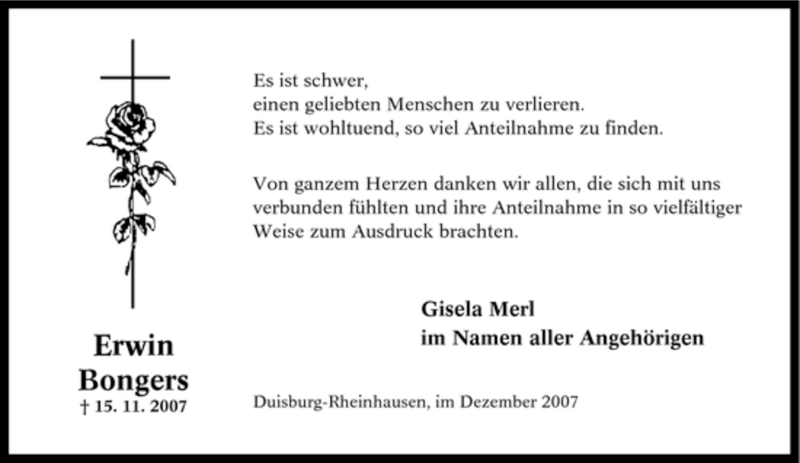 Traueranzeigen Von Erwin Bongers Trauer In Nrw De