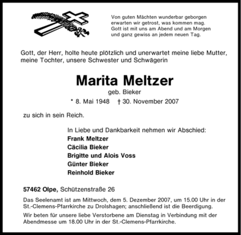 Traueranzeigen Von Marita Meltzer Trauer In NRW De