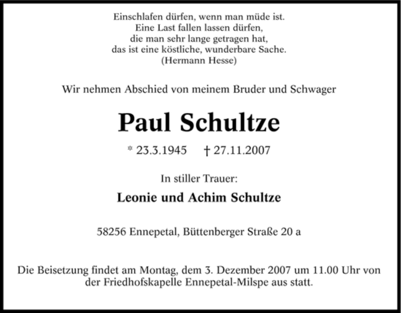 Traueranzeigen Von Paul Schultze Trauer In Nrw De