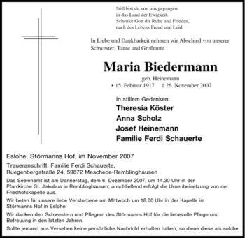 Traueranzeigen Von Maria Biedermann Trauer In NRW De