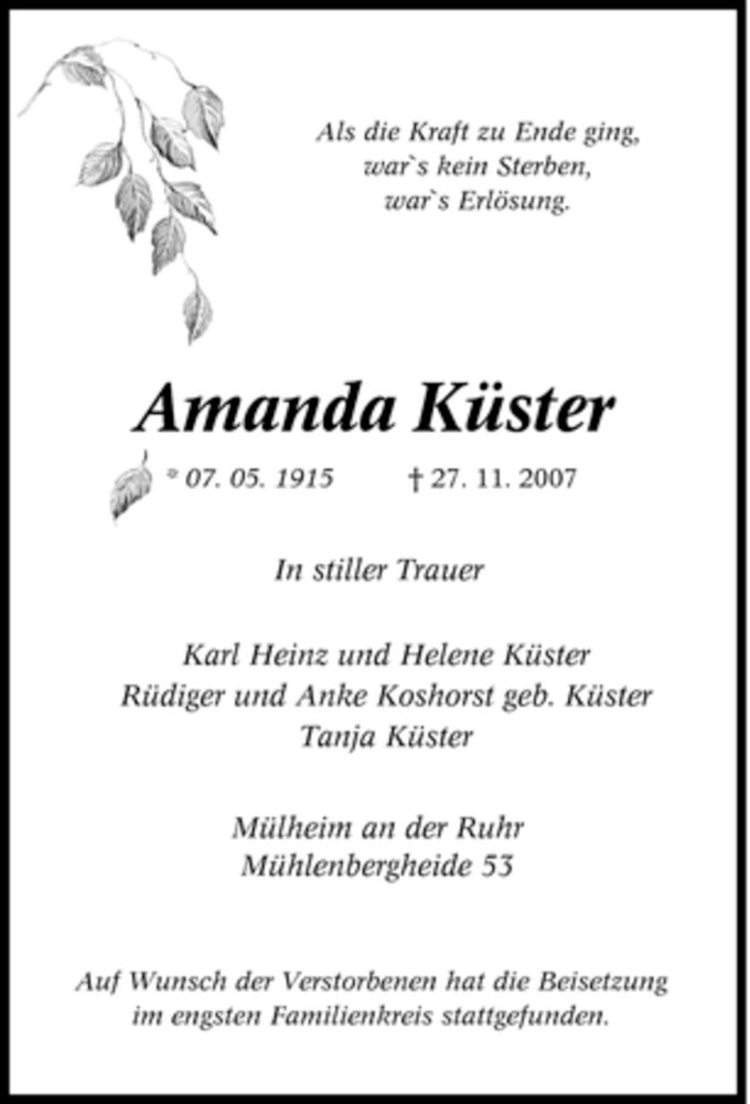 Traueranzeigen von Amanda Küster Trauer in NRW de