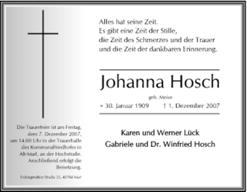 Traueranzeigen Von Johanna Hosch Trauer In Nrw De