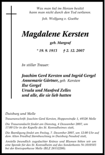 Traueranzeigen Von Magdalene Kersten Trauer In Nrw De