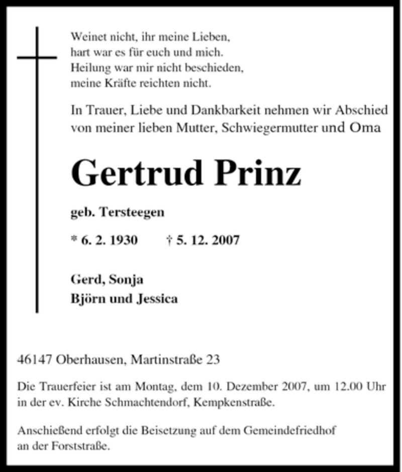 Traueranzeigen Von Gertrud Prinz Trauer In Nrw De